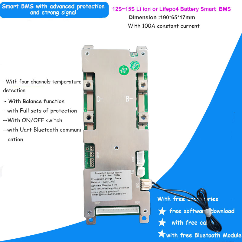 36V 48V 60V Li ion Battery Smart Bluetooth BMS with 100A constant current