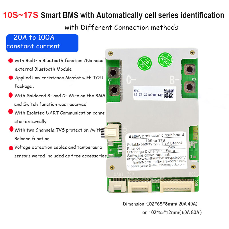 10S 12S 13S 14S 15S 16S 17S Li ion or Lifepo4 Smart bluetooth BMS with 20A to 80A constant current 